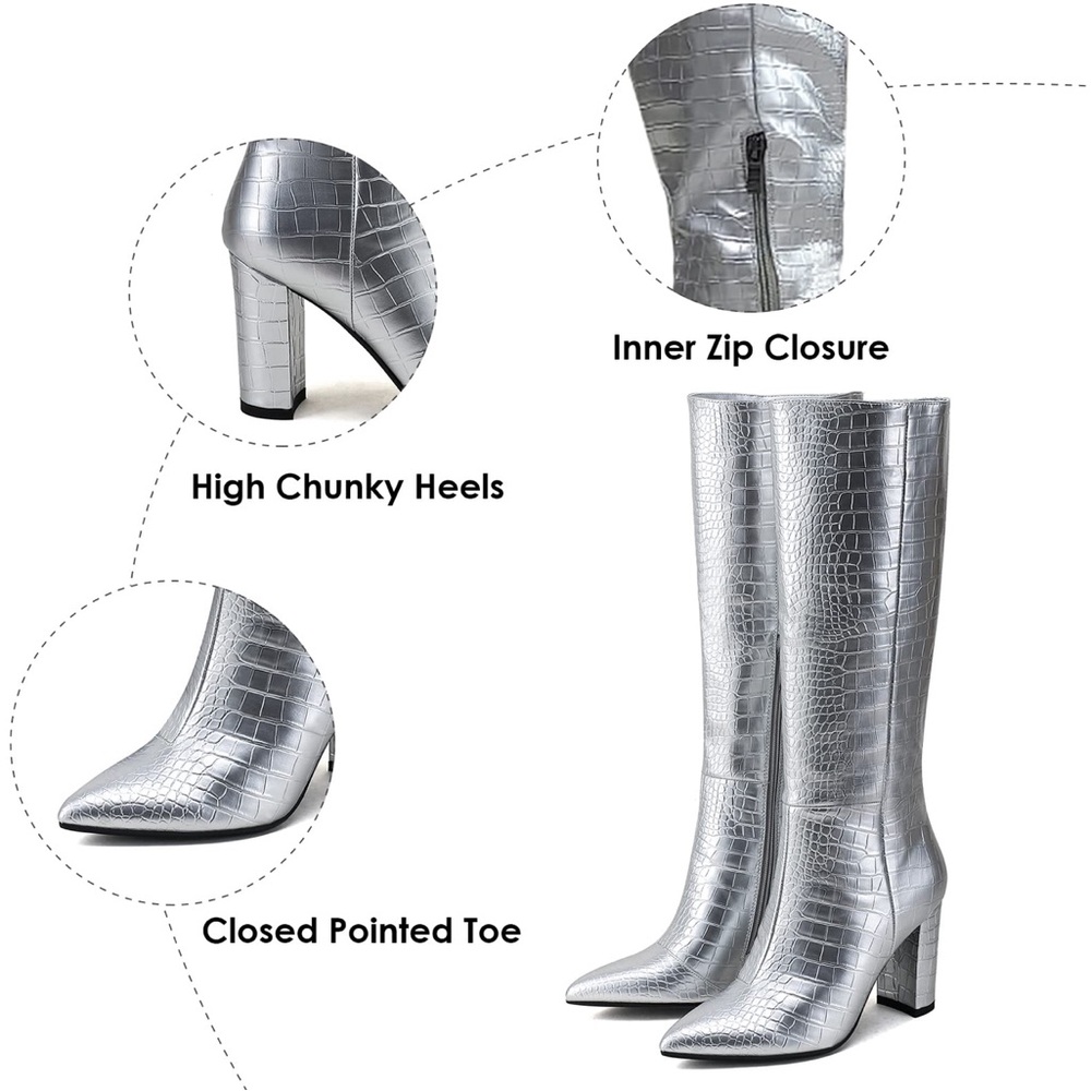 Modatope Silver Metallic Faux Crocodile Tall Boot Sizes: 8 & 8.5 NIB - Picture 7 of 15